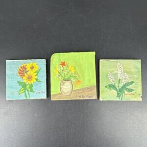 Vintage Miniature Hand Painted Flower Floral Paintings Dollhouse Lot Of 3 Signed